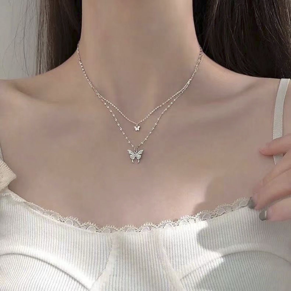 Thời Trang vòng cổ Hai Lớp Mặt Hình Bướm Đính Đá Pha Lê Thanh Lịch Cho Nữ