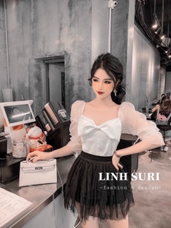Áo lụa phối nơ + chân váy lưới tầng