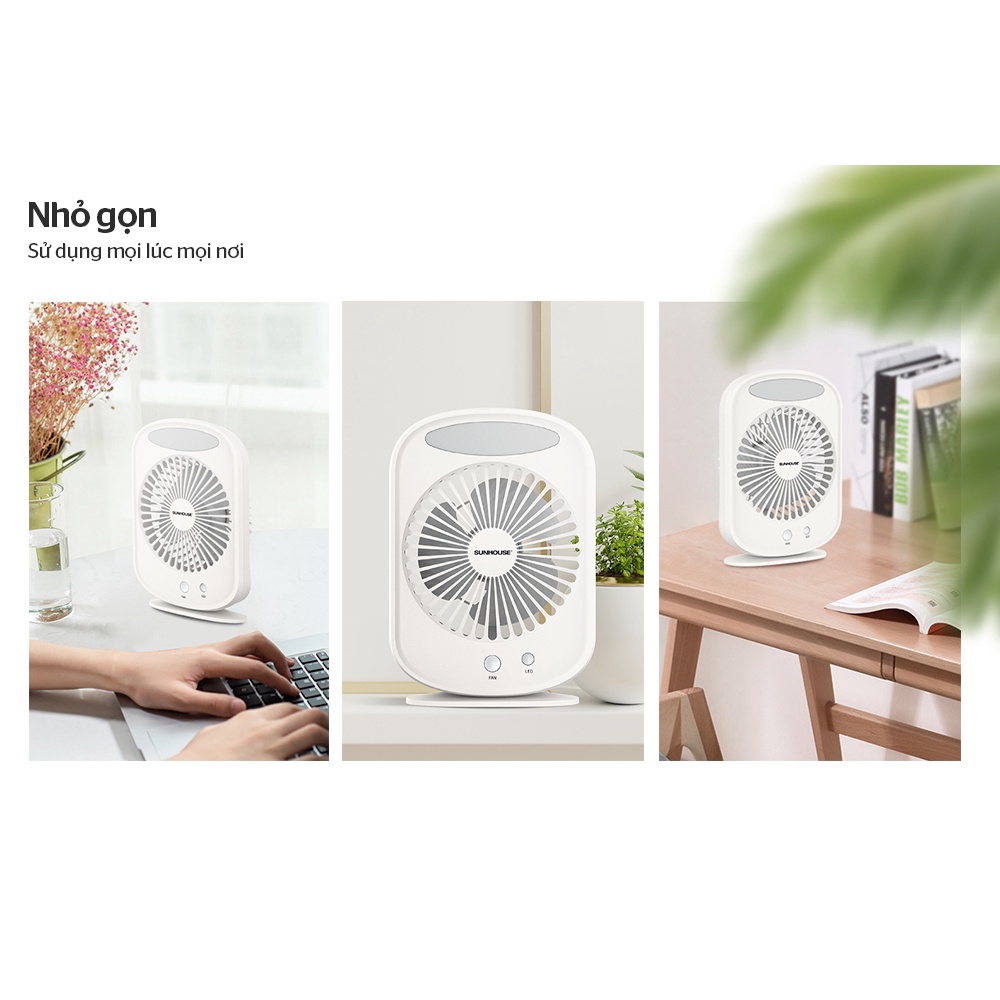 Quạt sạc mini Sunhouse SHD7110, Công suất 7W, Thời gian sử dụng liên tục 2-4.5 giờ, Bảo hành 12 tháng