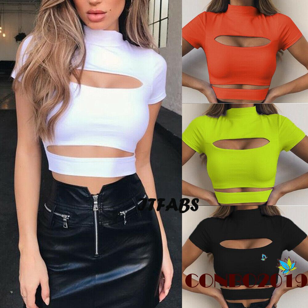 Áo Crop Top Tay Ngắn Cổ Cao Màu Trơn Thời Trang Cho Nữ