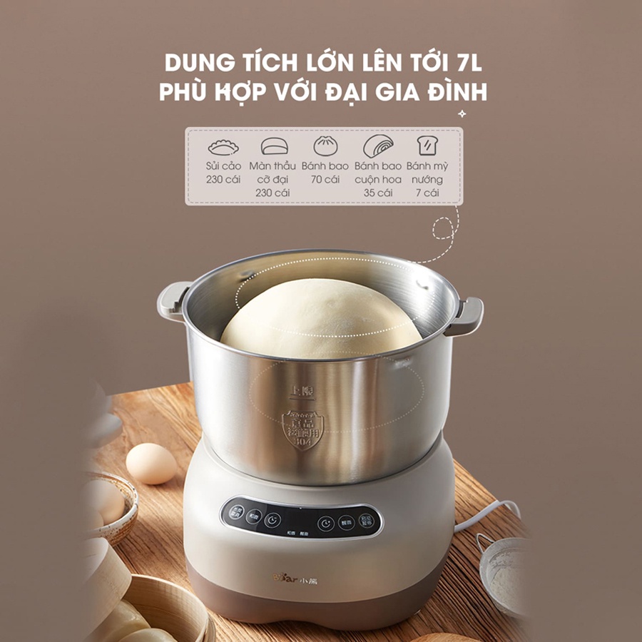 Máy nhồi trộn bột Bear 3.5L-5L-7L nhào bột, ủ bột tự động, âu trộn thép không gỉ, HomeMart – Hàng chính hãng BH 18 tháng
