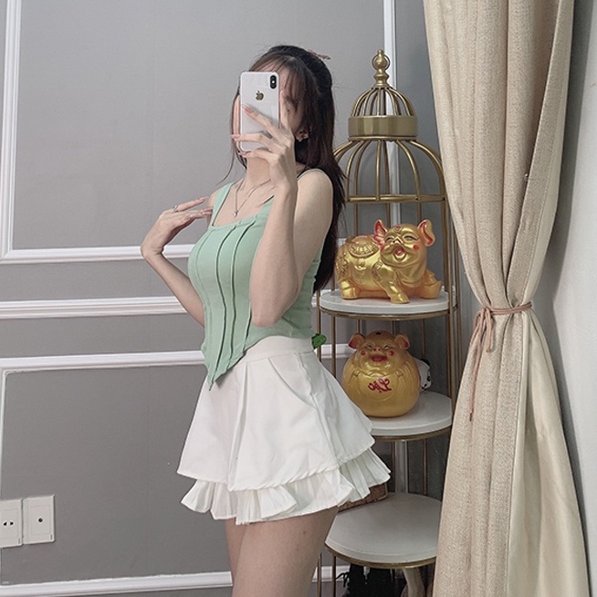 Chân váy ngắn xòe xếp ly 2 tầng màu trắng đi chơi có quần lót trong