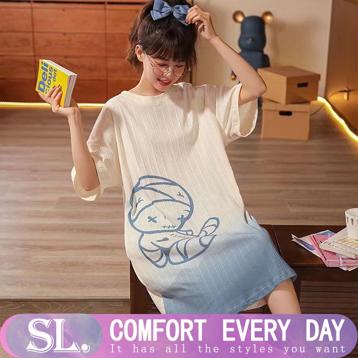 Đầm Ngủ Cotton Tay Ngắn Dáng Rộng Phong Cách Hàn Quốc Thời Trang Mùa Hè Cho Nữ
