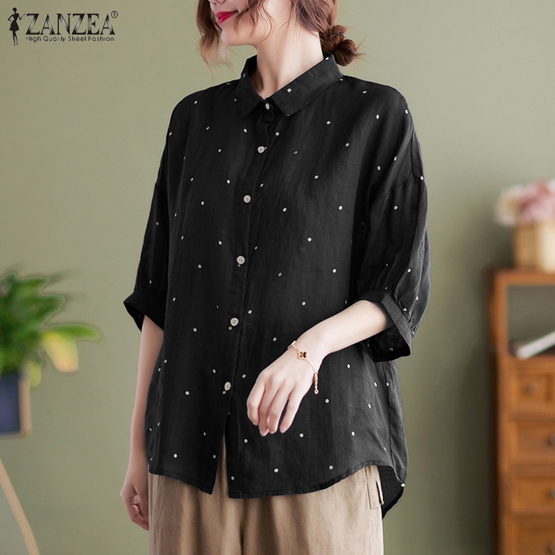Áo sơ mi Zanzea tay ngắn cổ bẻ họa tiết chấm bi phong cách vintage dành cho nữ