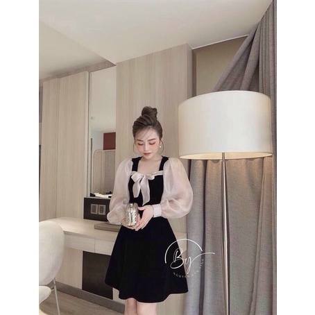 (Sale FreeShip) Đầm tiểu thư đi tiệc dáng xòe,cổ vuông cột nơ tay phối voan dễ thương,diện đi đâu cũng xinh ạ