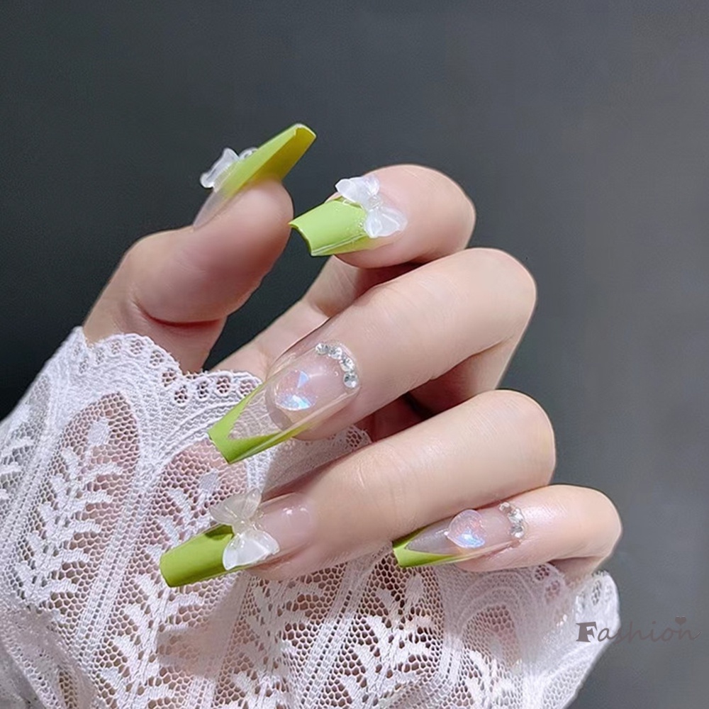 Bộ 24 Móng Tay Giả Dáng Dài Màu Xanh Lá Bóng Phong Cách Pháp Che Phủ Toàn Diện