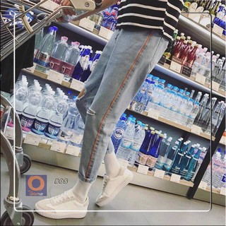 [ QUẦN JEAN BAGGY UNISEX QJ05 ] Màu xanh rách gối line đỏ