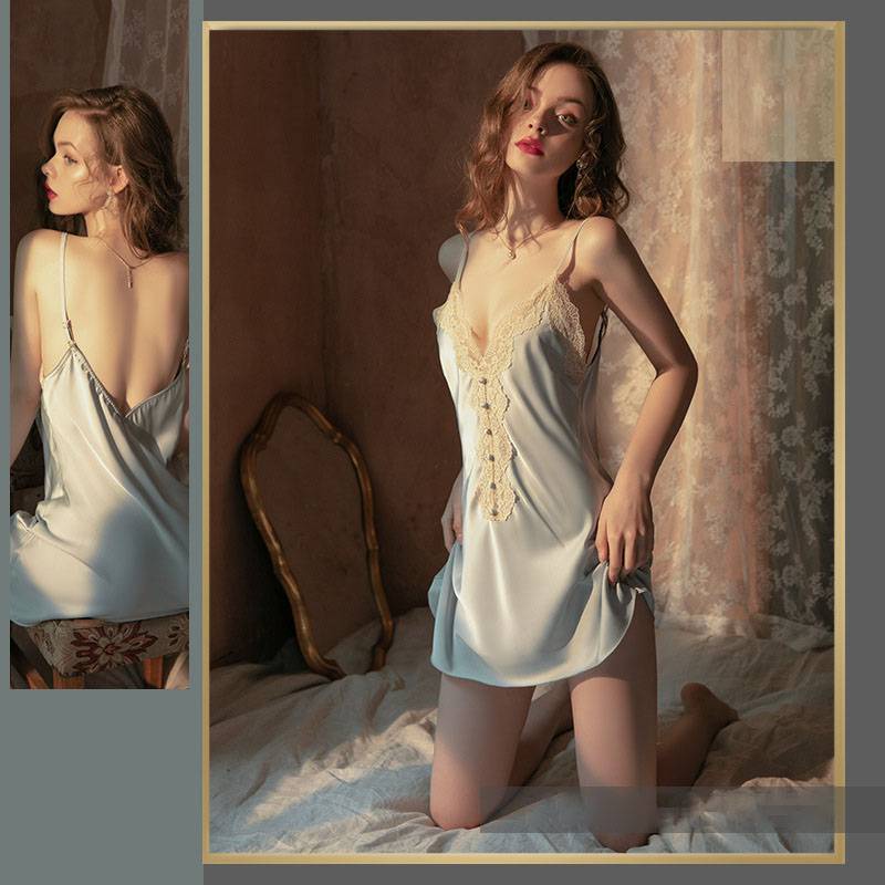 Bộ đầm ngủ Leosoxs hai dây bằng satin mỏng hở lưng cổ chữ V sâu quyến rũ cho nữ
