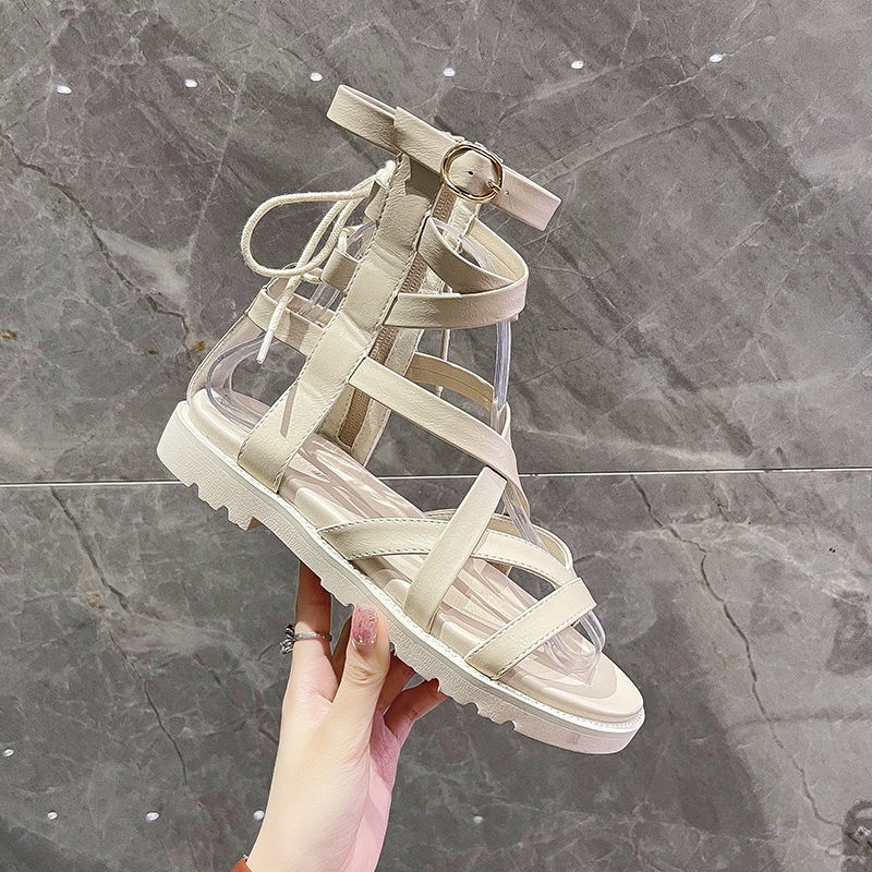 Giày Sandal Đế Bằng Mềm Cổ Cao Dây Chéo Thời Trang Mùa Hè Cho Nữ