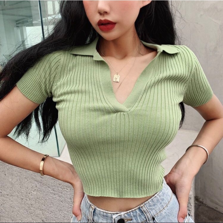 Áp len dệt kim croptop cổ V bẻ xinh iu - mỏng