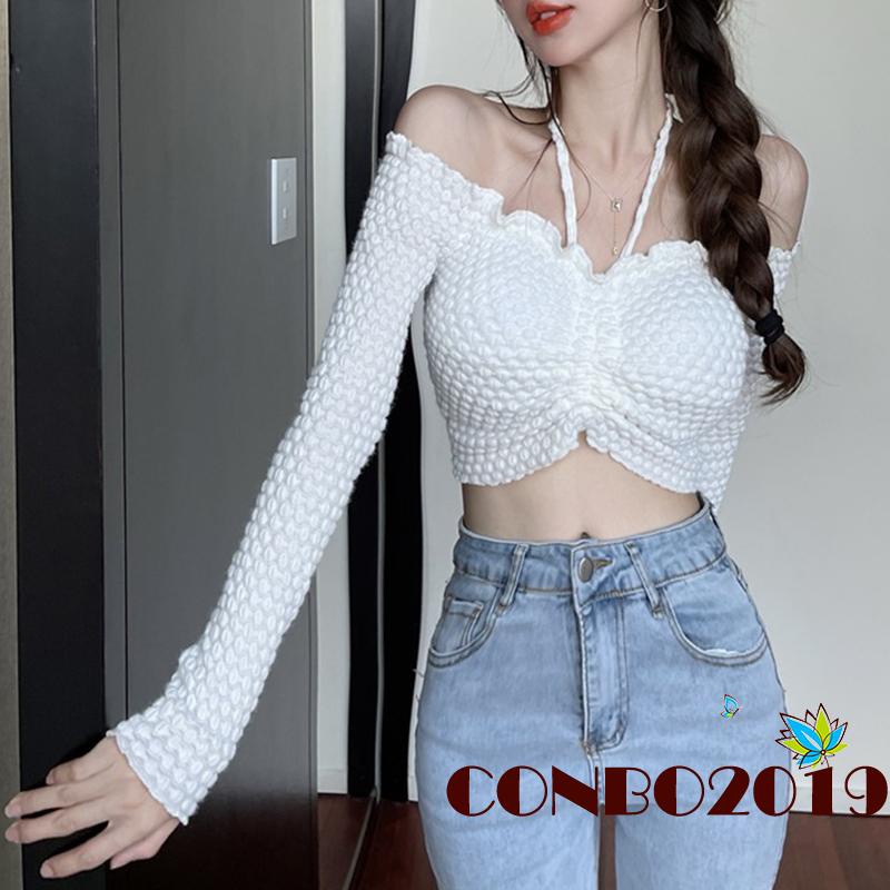 Áo Croptop Tay Dài Hở Vai Màu Sắc Trơn Thời Trang Dành Cho Nữ