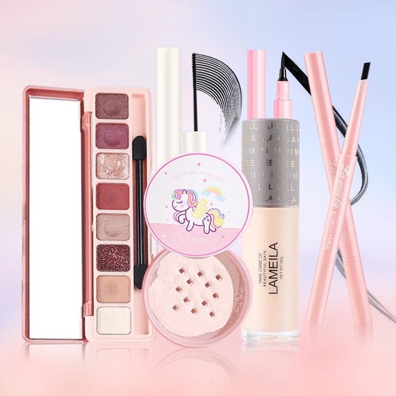 Bộ mỹ phẩm 6 món cơ bản giá tốt - Kem BB+Phấn trang điểm+Bảng phấn mắt 8 màu+Chì kẻ mày đen+Kẻ mắt+Mascara-HGLML-T6