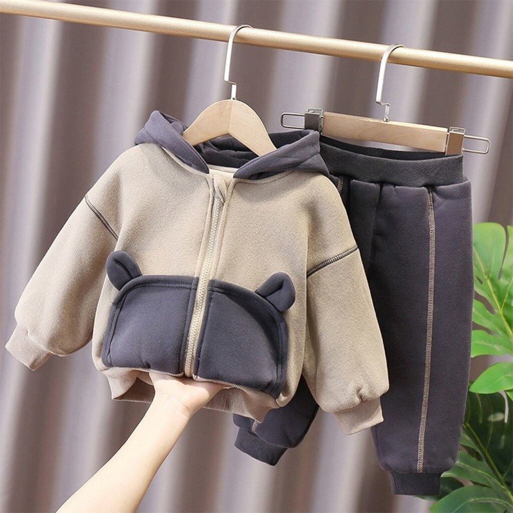 Bộ nỉ bông cho bé BINBON KIDS, bộ nỉ bé trai hình mũ tai gấu cực xinh cho bé trai bé gái từ 6- 26kg Mã NG89