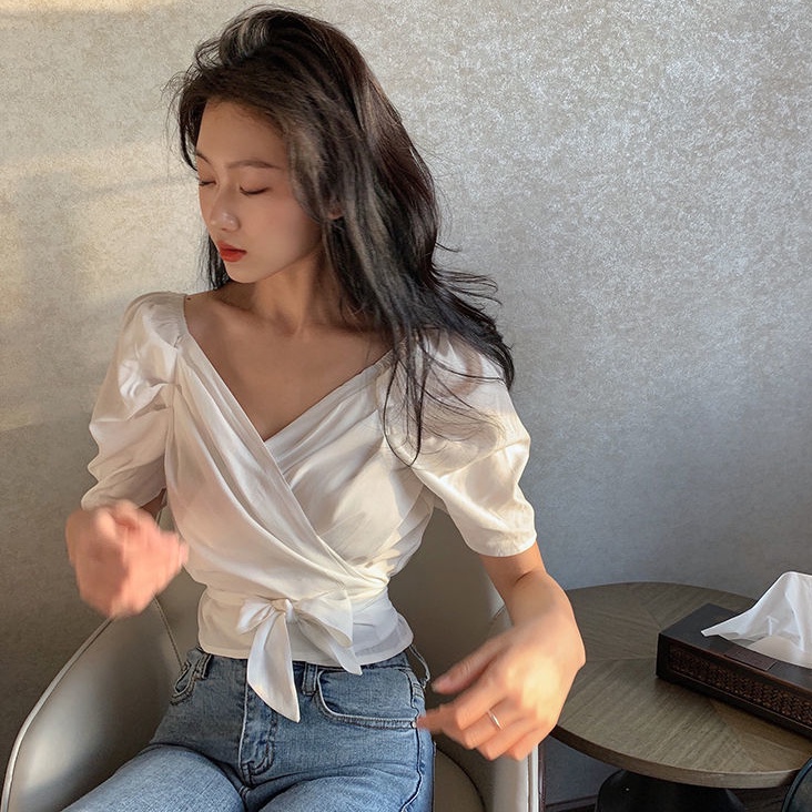 AMOI Áo Kiểu Tay Phồng Cổ Chữ V Thời Trang Cho Nữ