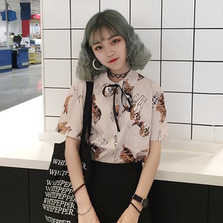 áo sơ mi nữ tay ngắn phong cách Hồng Kông in lỏng cà vạt cổ áo sơ mi cộc tay,1 MÀU 1 SIZE DUY NHẤT