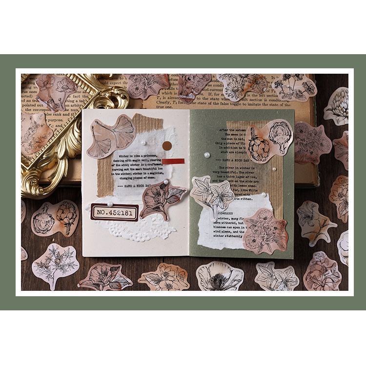 Hộp 46 sticker miếng dán trang trí sổ tay phong cách vintage độc đáo Box Sticker ST445