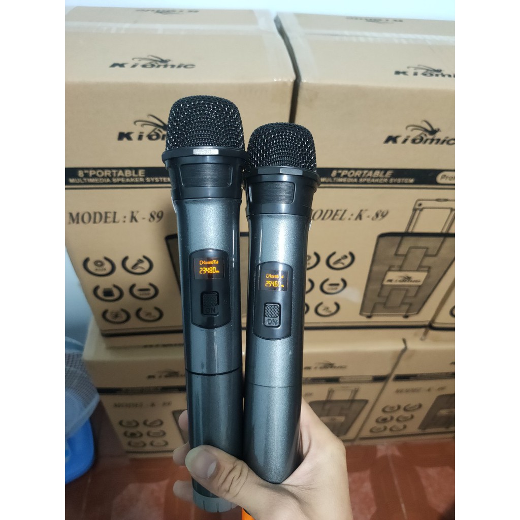 Loa kẹo kéo di động kiomic k89 có bluetooth kèm 2 micro - Loa Thùng Gỗ Bass 20Cm, Mic UHF Có Màn Hình