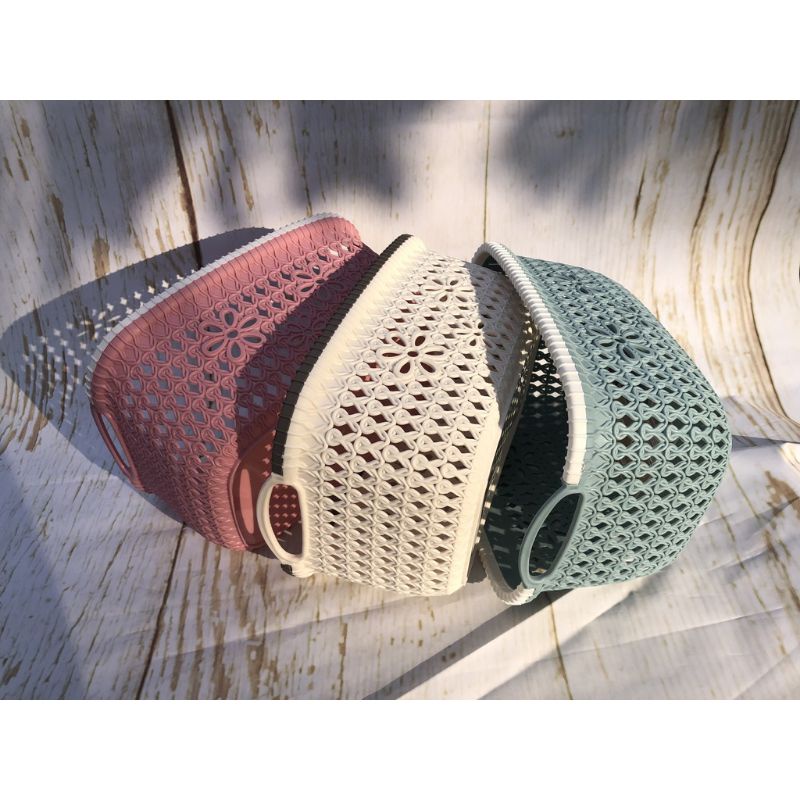 Giỏ nhựa hoa giả mây việt nhật có quai cầm màu pastel xinh xắn