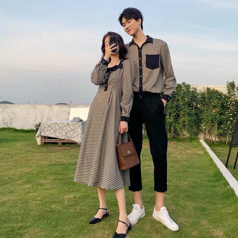 Đồ đôi nam nữ đẹp Set áo váy sơ mi Hàn Quốc, Đồ đôi đi biển nam nữ