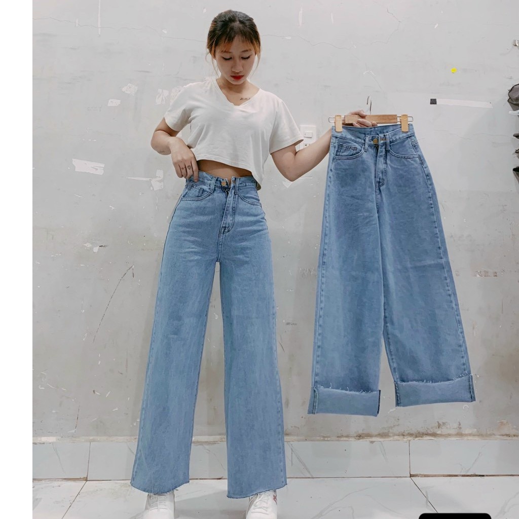 Quần bò nữ - quần jeans ống rộng lưng cao, vải bò dày đẹp , không giãn ,dáng suông