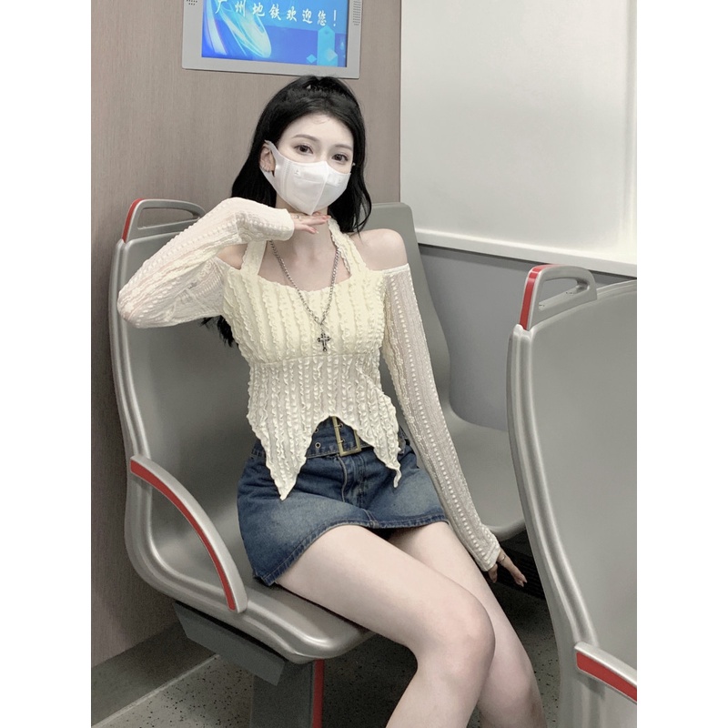 Áo Thun Tay Dài Lệch Vai Dáng Ôm Ngắn Thời Trang Quyến Rũ Cho Nữ