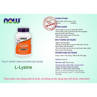 NOW L-LYSINE 500MG | Viên Uống Hỗ Trợ Miễn Dịch Giảm Mụn Tổng Hợp Collagen
