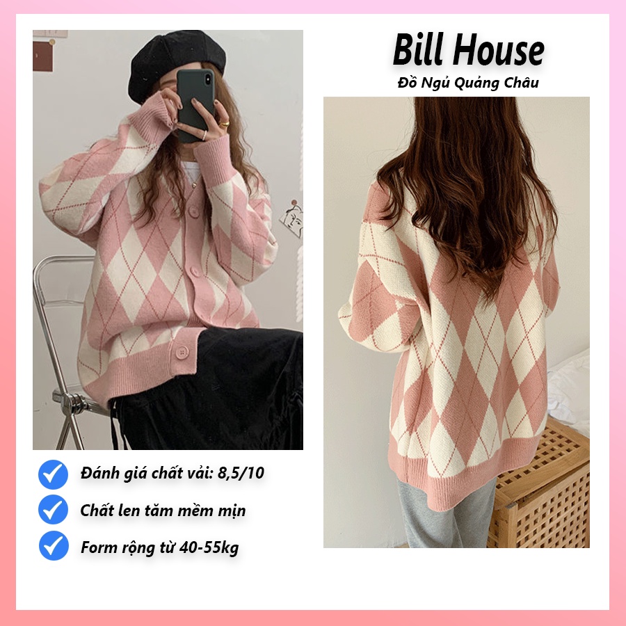 Áo cardigan len nữ dày sọc đen trắng có túi kẻ kim cương Ulzzang Hàn Quốc