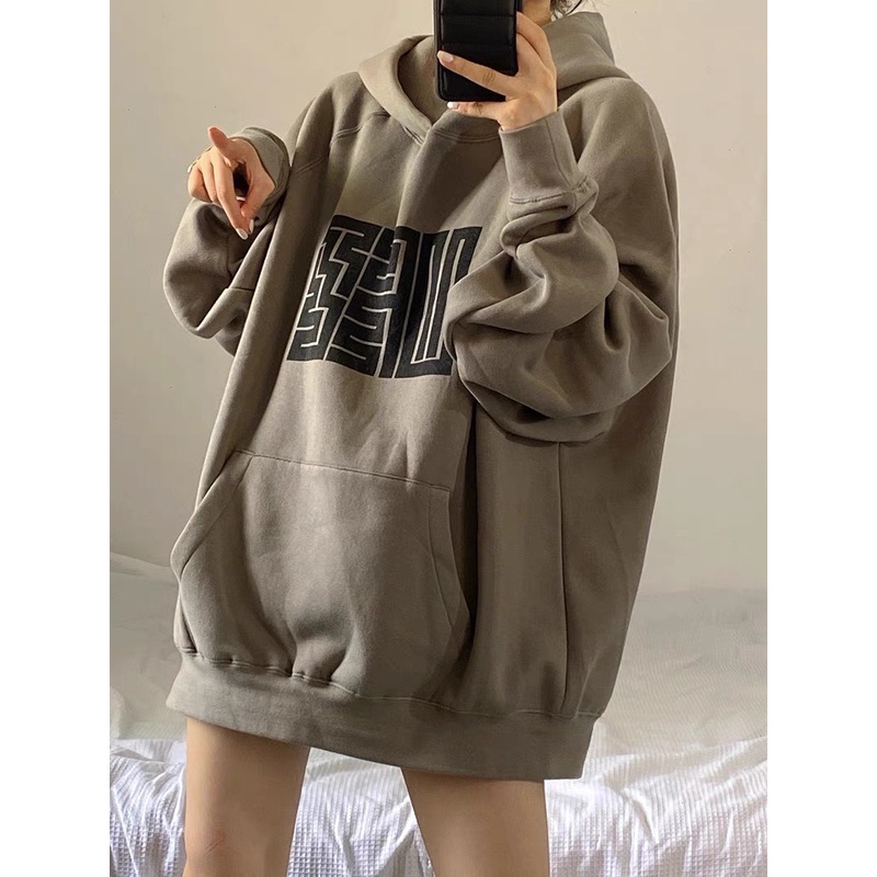Áo hoodie nữ form rộng dày dặn nỉ bông in mê cung, áo hoodie form rộng nam nữ màu nâu thời trang quảng châu
