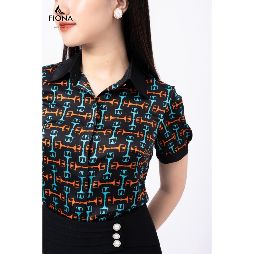 Áo sơ mi nữ FIONA họa tiết cam lá sơ mi cổ đức dáng suông chất liệu lụa cao cấp trẻ trung F551192