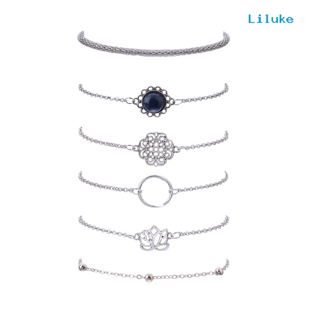 Bộ 6 Vòng Tay Hợp Kim Trang Trí Hoa Sen Đính Đá Thời Trang Cho Nữ