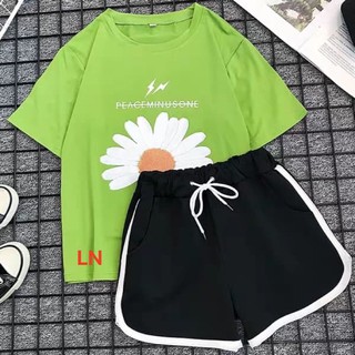 [ẢNH THẬT ]  Sét áo phông hoa cúc + quần đùi sọc