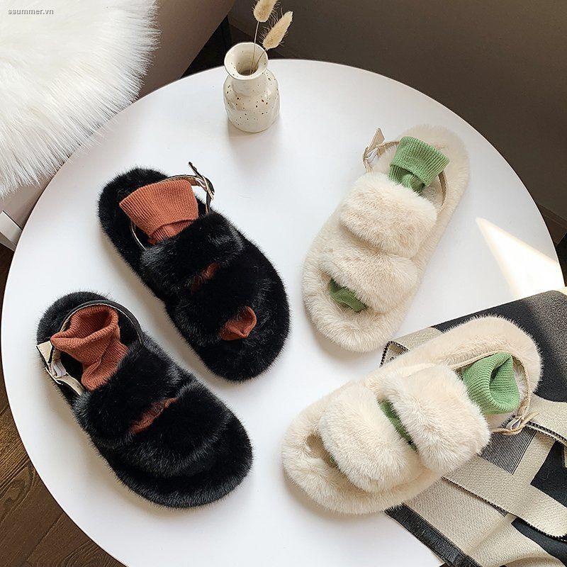 Giày Sandal Đế Bằng Phối Lông Thời Trang Mùa Hè Phong Cách Hàn Quốc Cho Nữ
