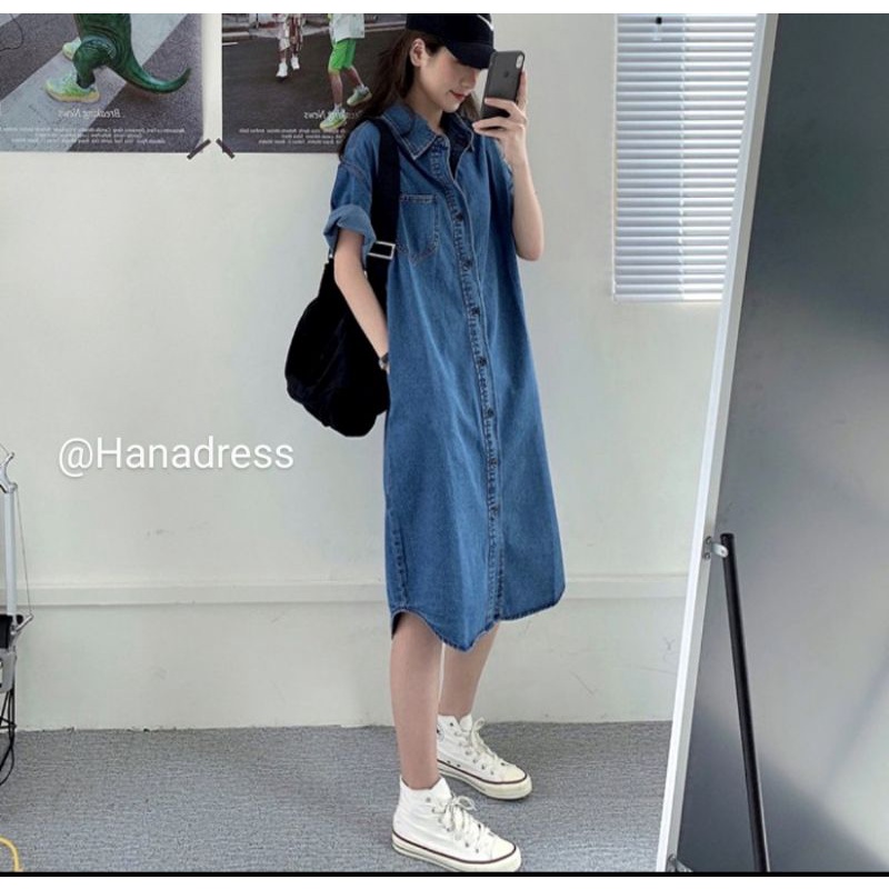 Váy sơ mi bò kaki jeans dáng dài qua gối retro, váy sơ mi suông dáng rộng siêu phẩm deal1k by hanadress