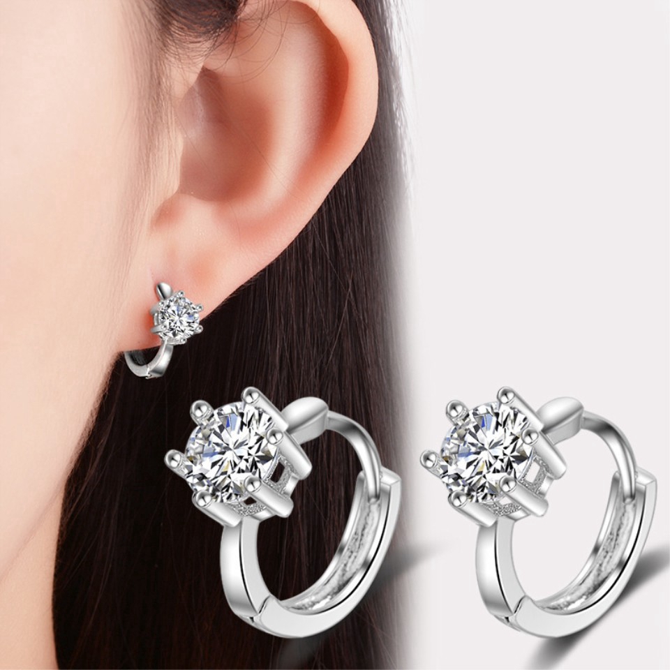 Khuyên tai bạc đính zircon tròn thời trang nữ Hàn Quốc