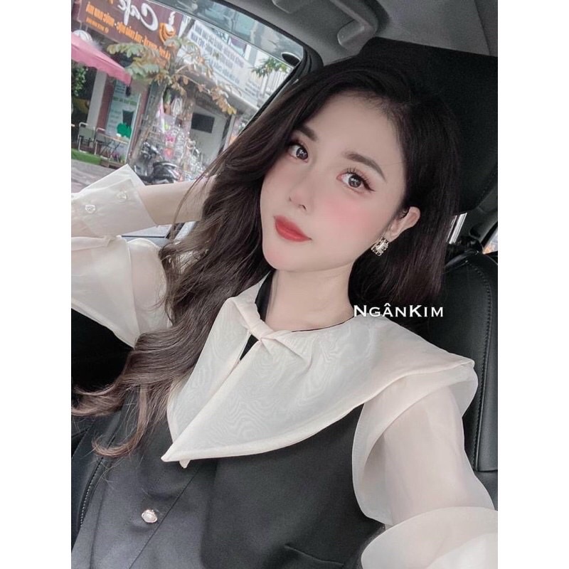 Váy bầu thu đông phối tay voan 3 cúc tiểu thư chất liệu umi