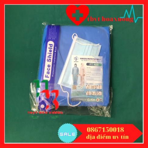 ( Com Bo 10 Bộ)  Quần áo bảo hộ y tế phòng dịch 7 món Hàng An Sinh gồm quần,áo ,mũ,kính che mặt,khẩu trang ,găng tay