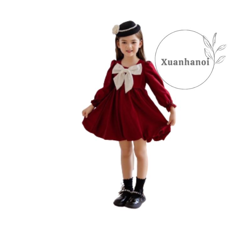 Váy bé gái dài tay nhung đỏ nơ cổ trắng cho bé diện Noel diện Tết 8-30kg XHN1079