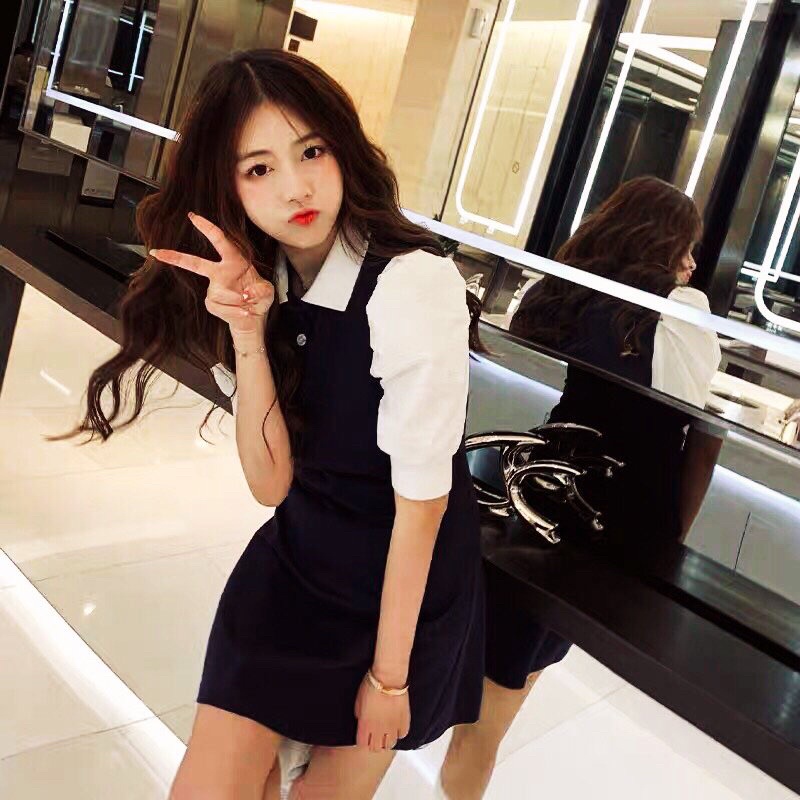 Váy đầm nữ cổ polo đen trắng cộc tay phồng dáng chư A xòe phom tôn dáng freesize ngắn