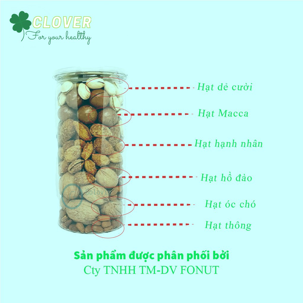 Mix Nuts hỗn hợp 6 loại hạt sấy khô gồm macca hạnh nhân óc chó hạt thông dẻ cười hồ đào hộp 500gr Clovershop