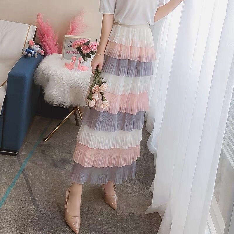 Chân váy nữ xếp ly dáng dài midi tầng nhiều màu
