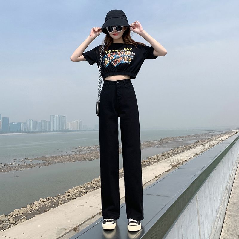 Quần bò ống rộng nữ đen cạp cao Pink Apricot Shop | BigBuy360 - bigbuy360.vn