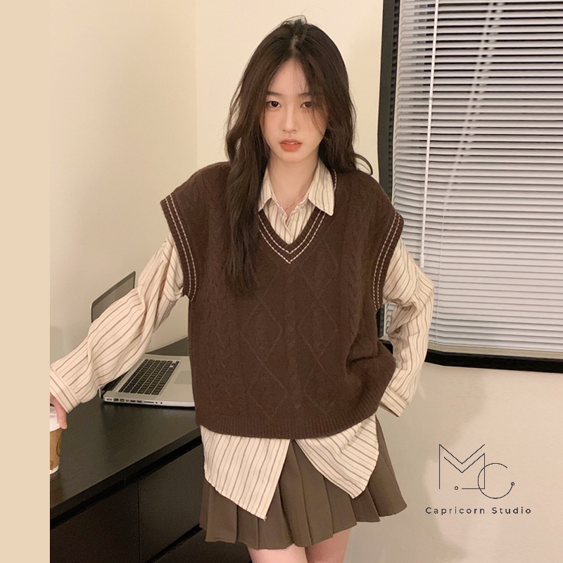 Set áo sơ mi phối với gile vặn thừng cùng chân váy cho mùa thu phong cách Ulzzang Hàn Quốc