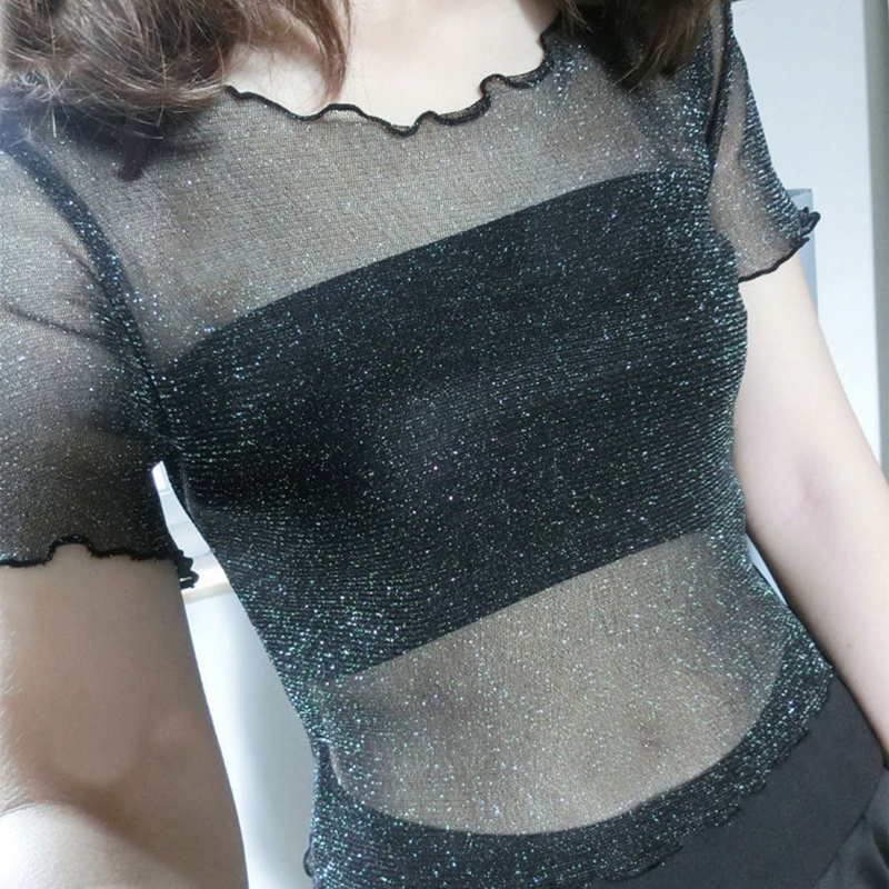Áo Ống Vải Lưới Tay Ngắn Lấp Lánh Thời Trang Mùa Hè Cho Nữ Áo Croptop Chạy Viền
