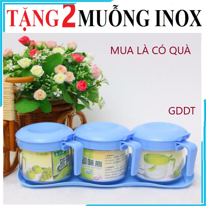 [ TẶNG MUỖNG ] BỘ 3 HŨ THỦY TINH ĐỰNG GIA VỊ KÈM KHAY