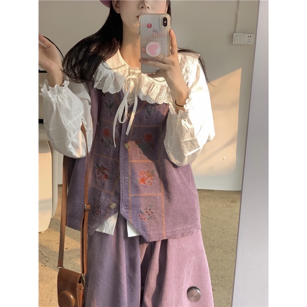 Set áo vest gile thêu vải nhung + chân váy dài + áo sơ mi dành cho nữ