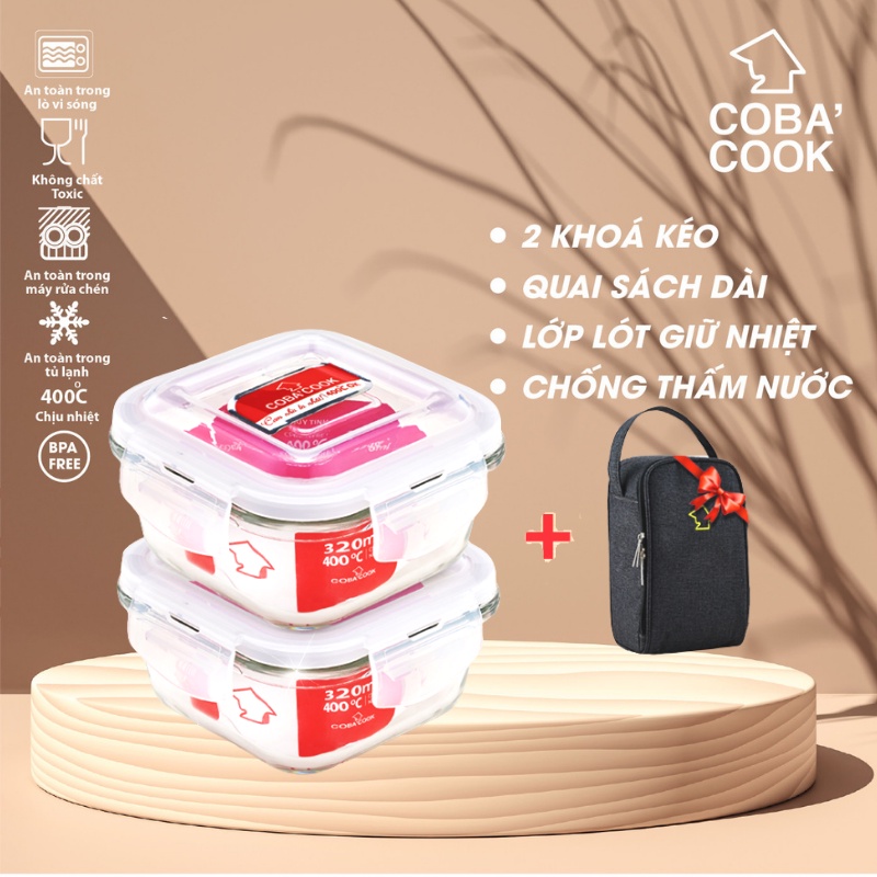 Bộ 2 hộp thủy tinh đựng thực phẩm chịu nhiệt TẶNG 1 túi giữ nhiệt -CCS32BL
