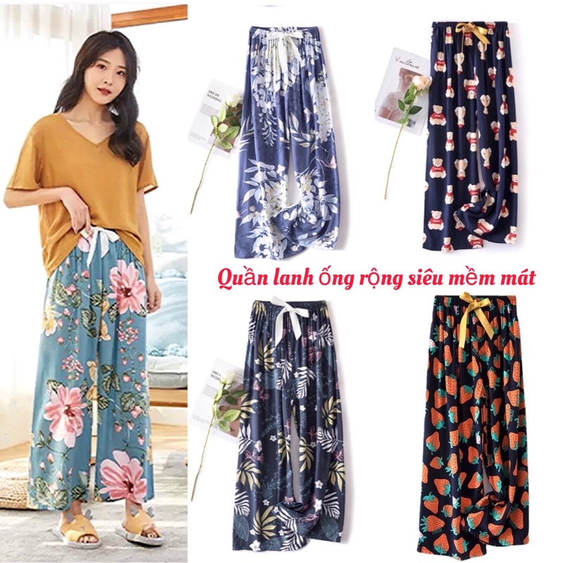 (SALE) Quần lanh ống rộng mềm mát, rộng rãi, hoạ tiết trang nhã