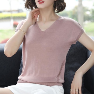 Áo len tay ngắn cổ chữ V dáng rộng thời trang mùa hè cho phụ nữ trung niên