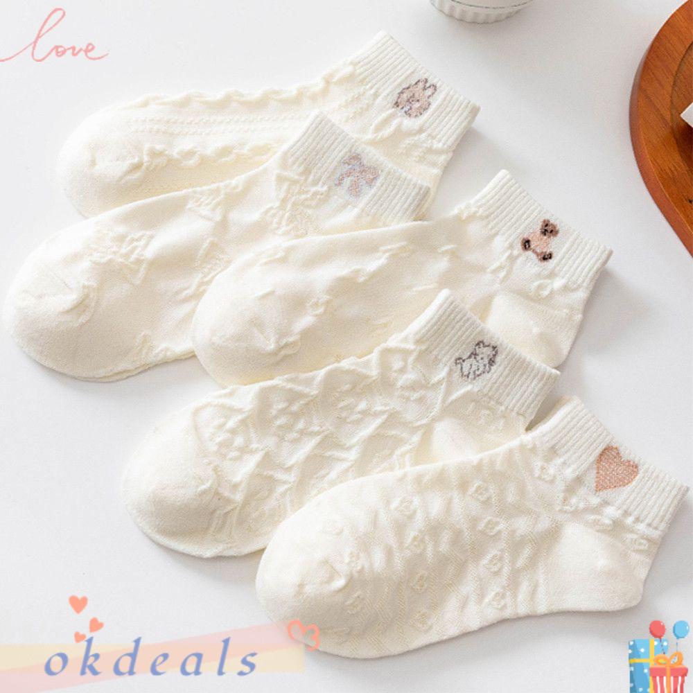 Bộ 5 Đôi Vớ Cotton Màu Trắng Phong Cách Nhật Bản Cho Nữ