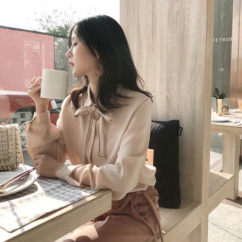 Áo sơ mi dài tay cổ thắt nơ đẹp